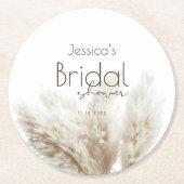Boho Neutral Fluffy Pampas Grass Brautparty Runder Pappuntersetzer (Vorderseite)