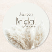 Boho Neutral Fluffy Pampas Grass Brautparty Runder Pappuntersetzer (Vorderseite)