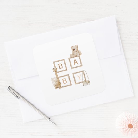 Boho Neutral-Holzblockbuchstaben Quadratischer Aufkleber (Umschlag)