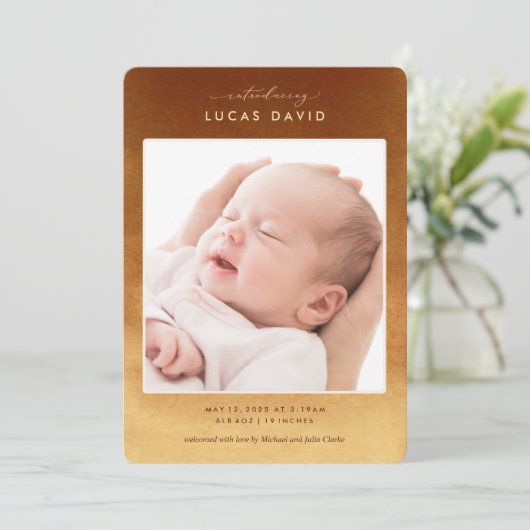 Boho Neutral Ombre Foto Geburtsankündigung Einladung (Stehend Vorderseite)