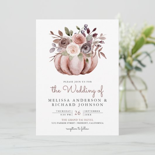 Boho Neutral Pumpkin Floral All in One Wedding Einladung (Stehend Vorderseite)