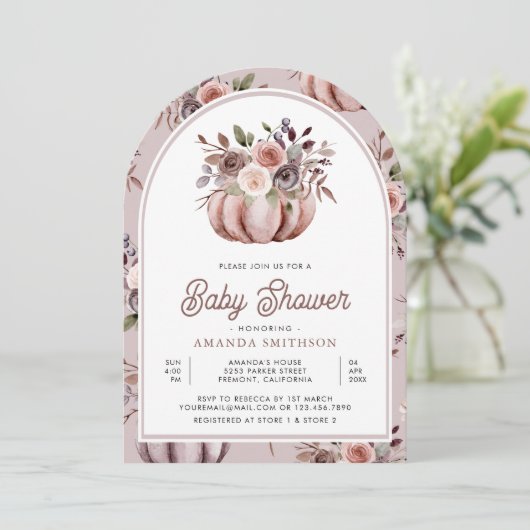 Boho Neutral Pumpkin Floral Arch Baby Dusche Einladung (Stehend Vorderseite)