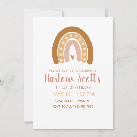 Boho Neutral Rainbow Birthday Einladung (Vorderseite)