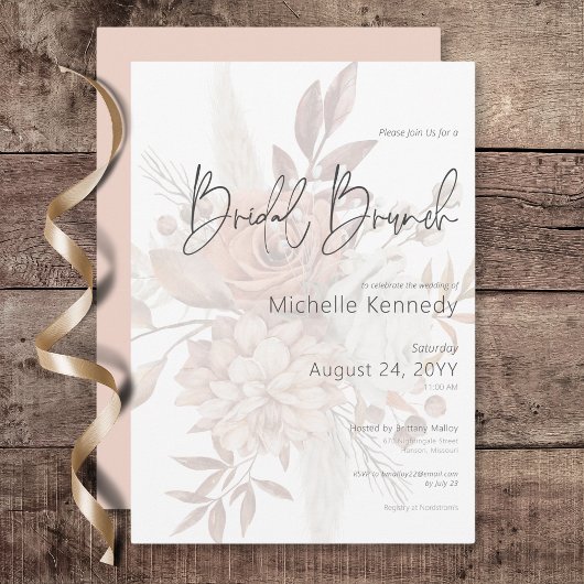 Boho Neutral Soft Floral Bouquet Bridal Brunch Einladung