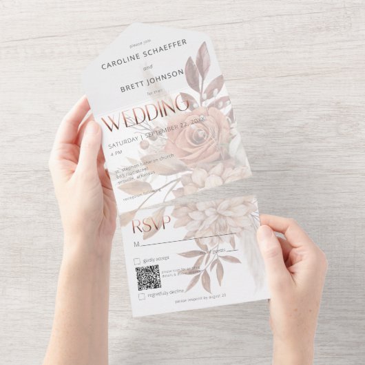 Boho Neutral Soft Focus Autumn Bouquet QR Code All In One Einladung (Abreißen)