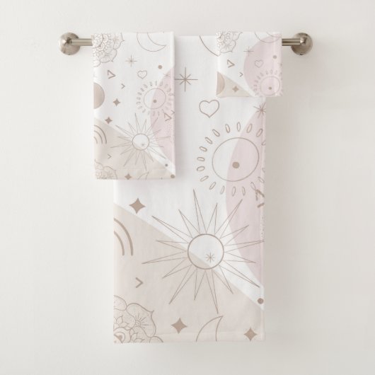 Boho Neutral Space Doodles Ästhetisches Design Badhandtuch Set (Insitu)