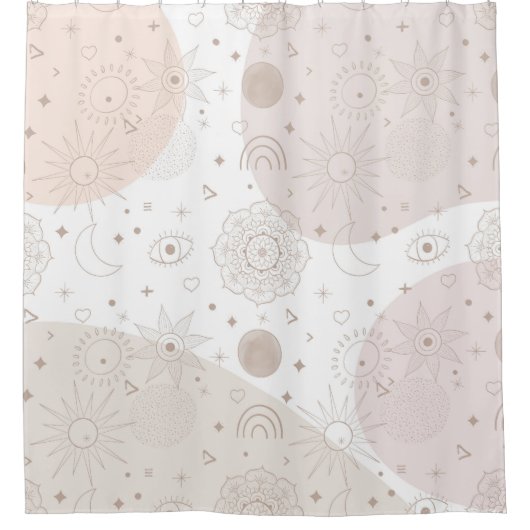 Boho Neutral Space Doodles Ästhetisches Design Duschvorhang (Vorderseite)