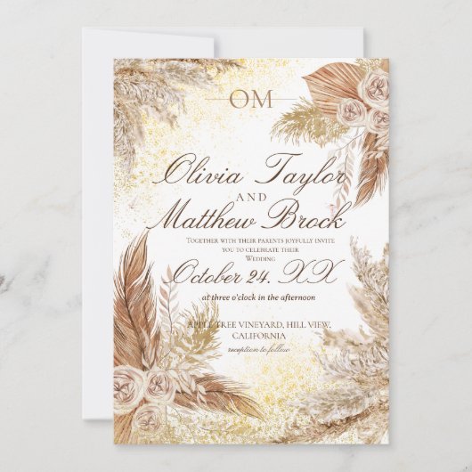 Boho Neutral Watercolor Pampas Grass Wedding Einladung (Vorderseite)