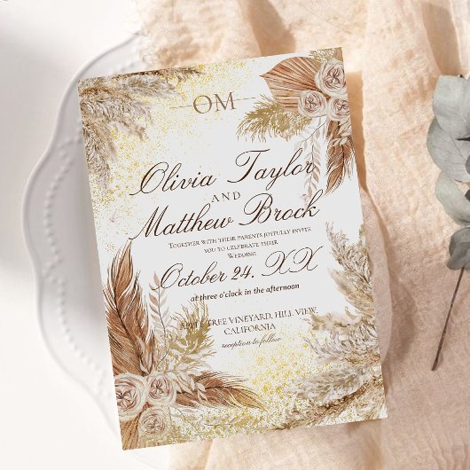 Boho Neutral Watercolor Pampas Grass Wedding Einladung