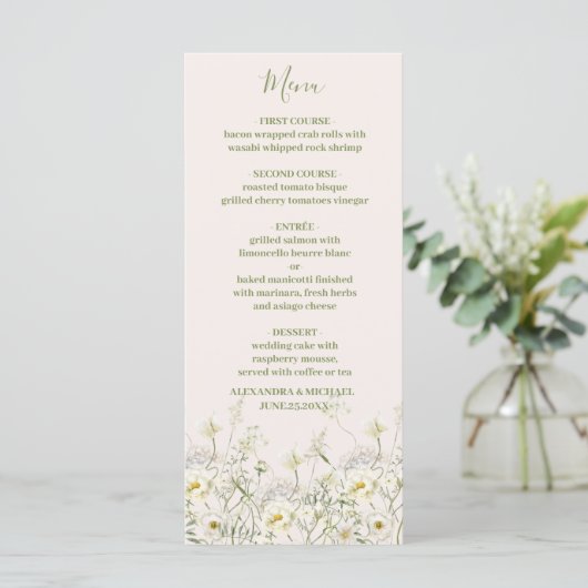 Boho Neutral White Watercolor Wildblume Hochzeit Menükarte (Stehend Vorderseite)