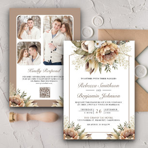 Boho neutrale erdige florale taupe QR-Code-Hochzei Einladung