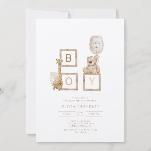 Boho neutrale Holzblockbuchstaben Es ist eine Boy- Einladung (Vorderseite)