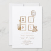 Boho neutrale Holzblockbuchstaben Es ist eine Mädc Einladung (Vorderseite)