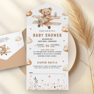 Boho Neutrale Teddybär-Flugzeug-Babyparty All In One Einladung