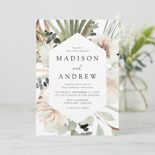 Boho-neutrale tropische Blume Hochzeit Einladung (Stehend Vorderseite)