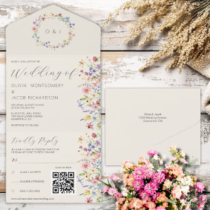 Boho  Neutrale Wildblume  RSVP & QR-Code Hochzeit All In One Einladung