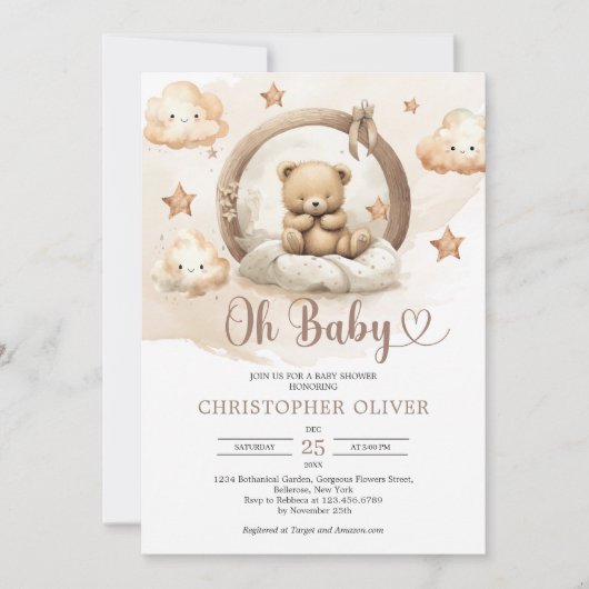 Boho neutraler rostiger brauner schlafender Teddyb Einladung (Vorderseite)