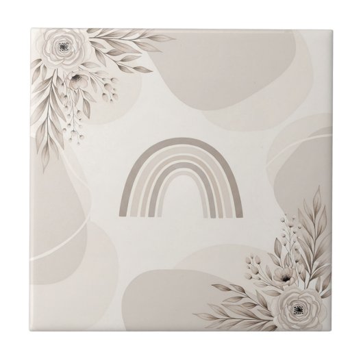 Boho-Neutrales Regenbogen-Blumenmuster in Beige un Fliese (Vorderseite)