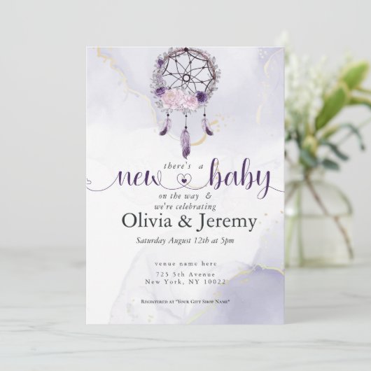 BOHO New Baby Amethyst Dusty Rose Dream Catcher Einladung (Stehend Vorderseite)