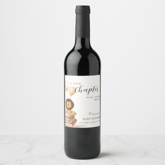 Boho New Chapter Wild Lion Balloon Baby Shower Weinetikett (Vorderseite)