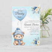 Boho Niedlich Boy Teddy Bear Blue Balloon Babydusc Einladung (Stehend Vorderseite)