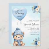 Boho Niedlich Boy Teddy Bear Blue Balloon Babydusc Einladung (Vorne/Hinten)