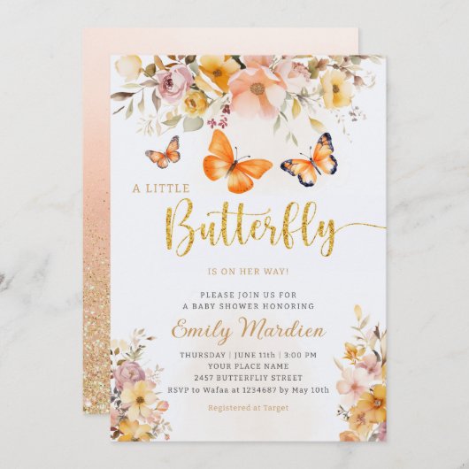 Boho Niedlich Butterfly Wildblume Girl Baby Dusche Einladung (Vorne/Hinten)