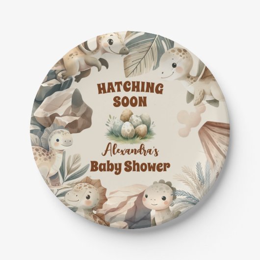 Boho Niedlich Hatching Bald Dinosaur Babydusche Pappteller (Vorderseite)