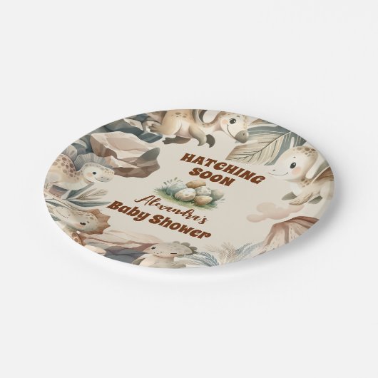 Boho Niedlich Hatching Bald Dinosaur Babydusche Pappteller (Schrägansicht)