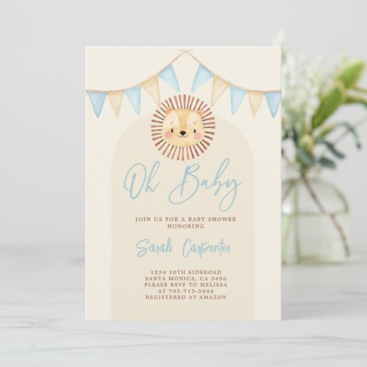 Boho Niedlich Lion Baby Shower Boy Einladung (Stehend Vorderseite)