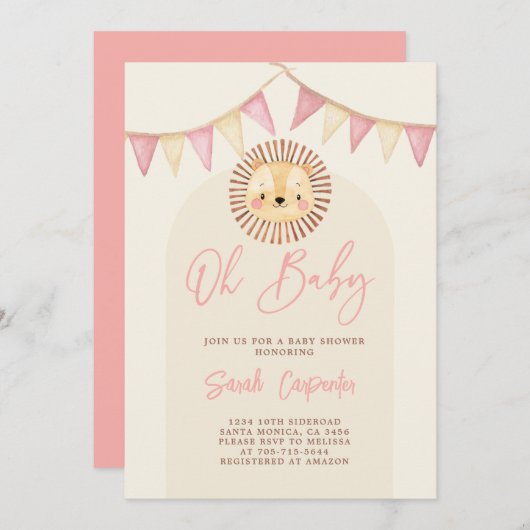 Boho Niedlich Lion Baby Shower Girl Einladung (Vorne/Hinten)