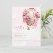 Boho Niedlich Pink Floral Balloon Girl Baby Dusche Einladung (Stehend Vorderseite)