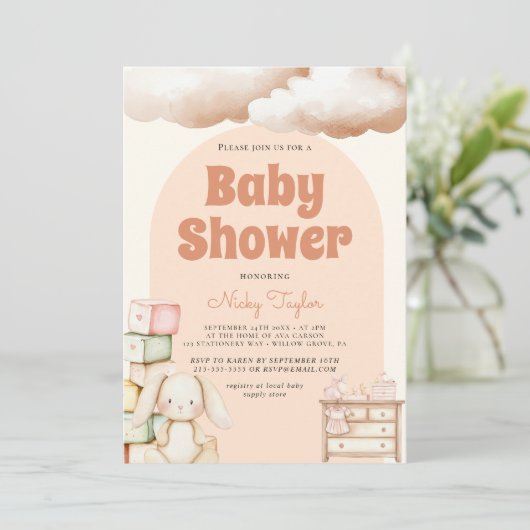 Boho Niedlich Rabbit Babydusche Einladung (Stehend Vorderseite)