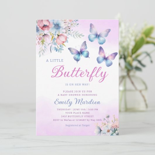 Boho Niedliche Lila Floral Butterfly Girl Babydusc Einladung (Stehend Vorderseite)
