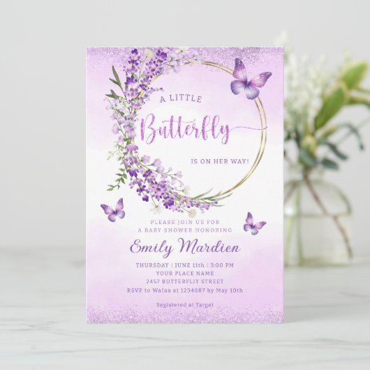 Boho Niedliche Lila Floral Butterfly Girl Babydusc Einladung (Stehend Vorderseite)