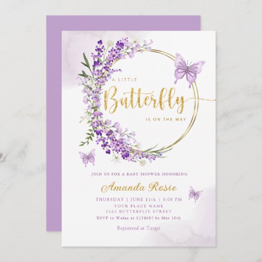 Boho Niedliche Lila Floral Butterfly Girl Babydusc Einladung (Vorne/Hinten)