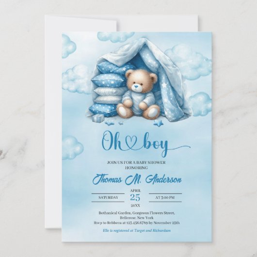 Boho niedlicher Teddybär mit Aquarellfarbe in eine Einladung (Vorderseite)