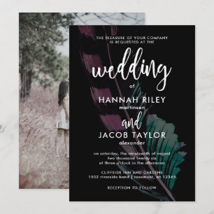 Boho Nights Black with Feather Foto Wedding Einladung