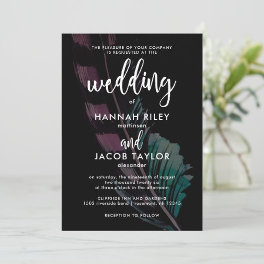 Boho Nights Black with Feathers Wedding Einladung (Stehend Vorderseite)