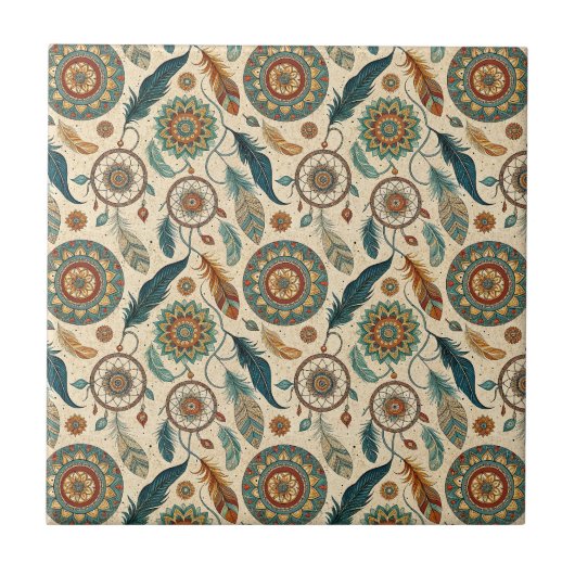Boho-Nomaden-Traumfänger & Federn-Mandala-Kunst Fliese (Vorderseite)