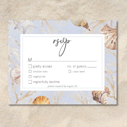 Boho Ocean Dusty Blue Am Hochzeitsessen am Strand RSVP Karte