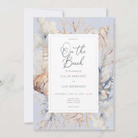 Boho Ocean Dusty Blue auf der Hochzeit am Strand Einladung (Vorderseite)