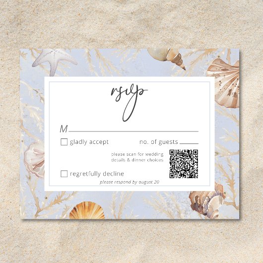 Boho Ocean Dusty Blue On Beach Wedding QR RSVP Karte