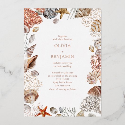 Boho Ocean Seashells Coral Beach Wedding Rose Gold Folieneinladung (Vorderseite)