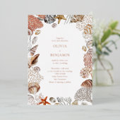 Boho Ocean Seashells Coral Beach Wedding Rose Gold Folieneinladung (Stehend vorne)