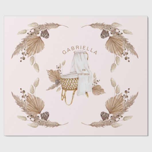 Boho Oh Baby Brown Rosa Name Ankunft Datum II Geschenkpapier (Flach)