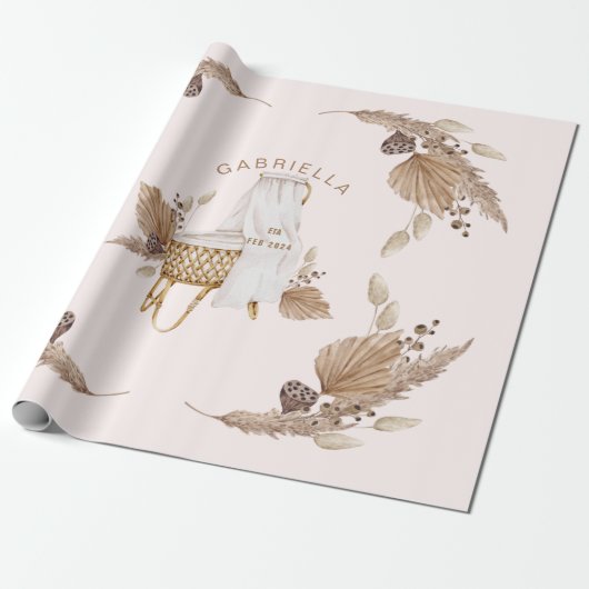 Boho Oh Baby Brown Rosa Name Ankunft Datum II Geschenkpapier (Ungerollt)