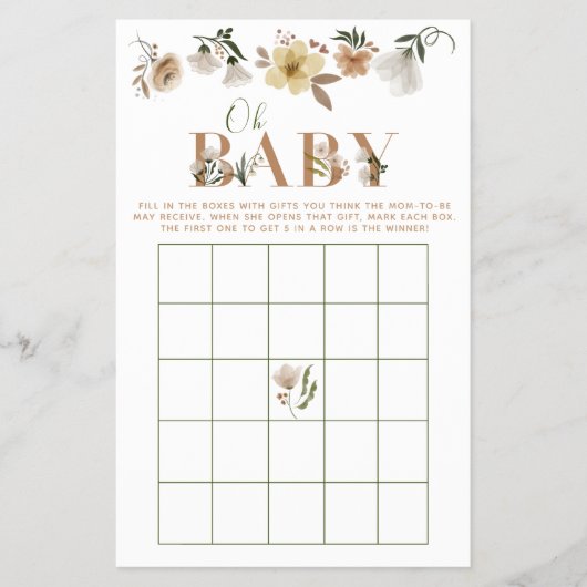Boho Oh Baby Floral Baby Dusche Bingo Spiel Flyer (Vorne)