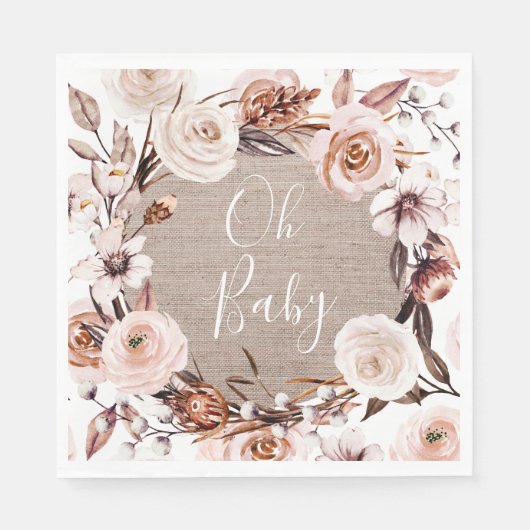 Boho Oh Baby Floral Burlap Paper Napkin Serviette (Vorderseite)