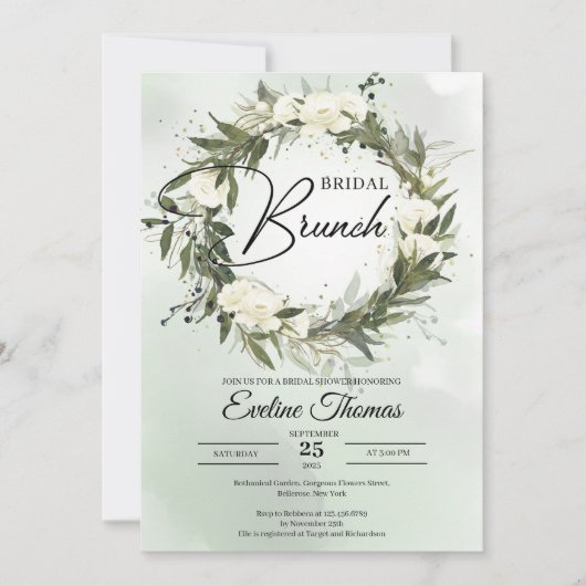 Boho Olive foliage white roses gold Bridal Brunch Einladung (Vorderseite)